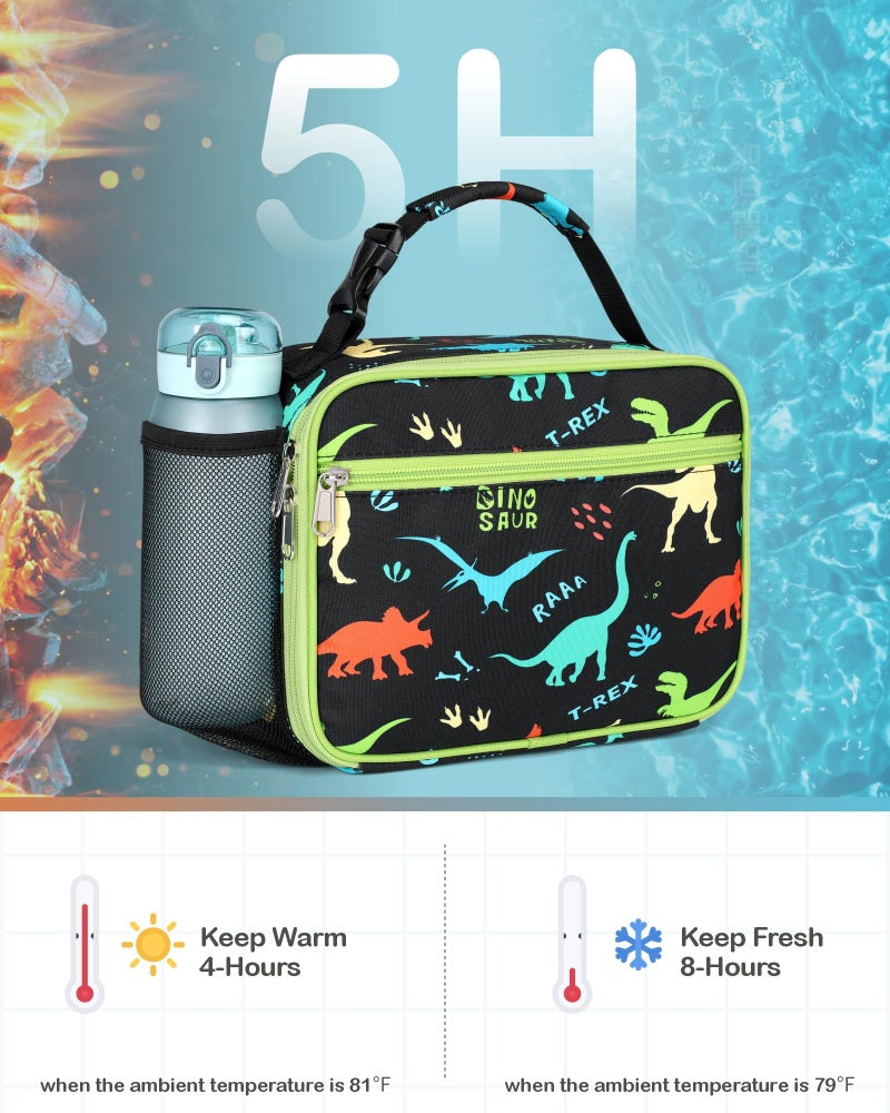 Bagseri Kids Lunch Bag Boys - Kids Lunch Box for Boys Reusable Leak-Proof and Insulated Lunch Bag With Water Bottle Holder Toddler Lunch Box for Daycare and School  Black Dinosaur - Image 3